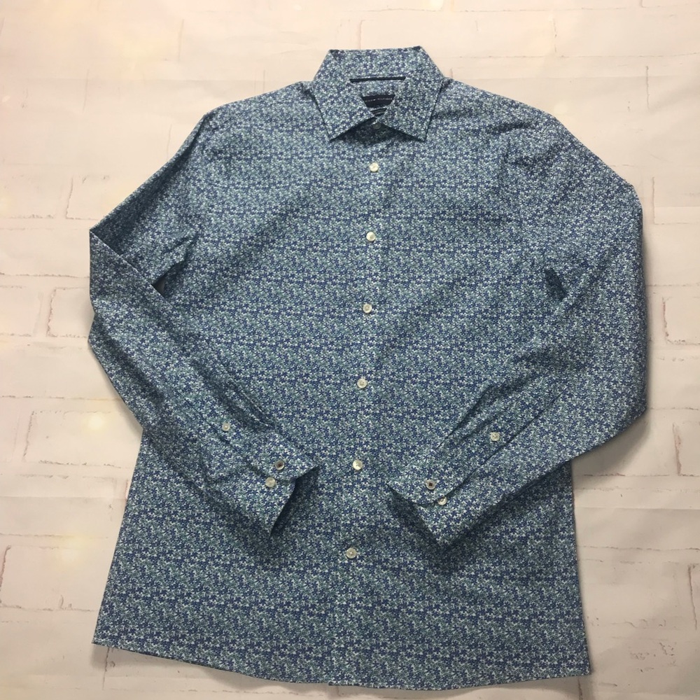 Tommy Hilfigure: Men's Blue Patterned Shirt long sleeve SLIM stretch- medium